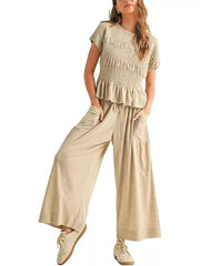 Smocked Peplum Top And Wide-leg Pants Set in Terracotta, fit detail