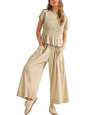 Smocked Peplum Top And Wide-leg Pants Set in Terracotta, fit detail