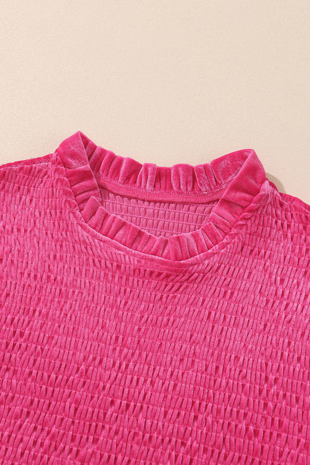 Hot Pink velvet smocked bodice mini dress with ruffled mock neck.
