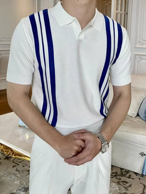 White knit polo shirt with blue vertical stripes and short sleeves.