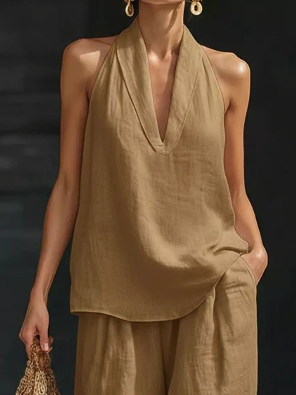 Khaki halter neck top with flowing wide-leg pants set, V-neck, sleeveless, casual women's outfit