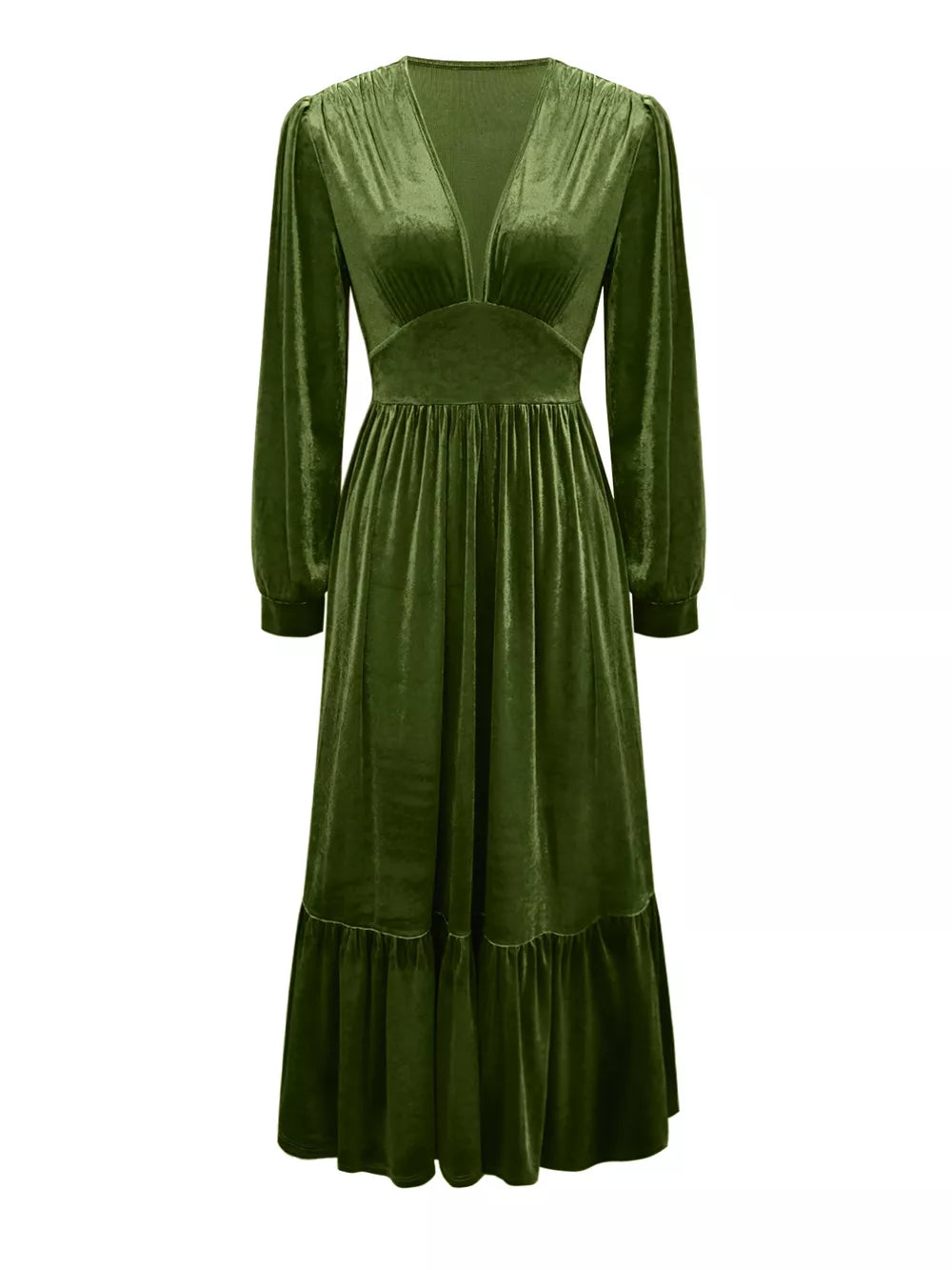 Elegant dark green velvet maxi dress with voluminous sleeves and ruffled hem
