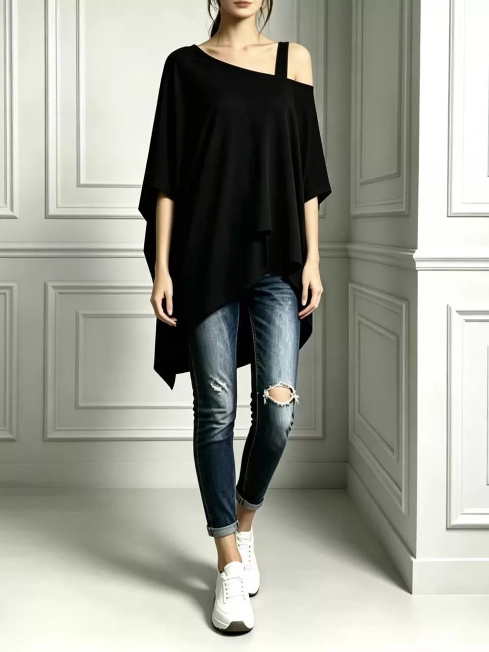 Full Size Asymmetrical Neck Short Sleeve T-shirt Plus Size in Navy, side view