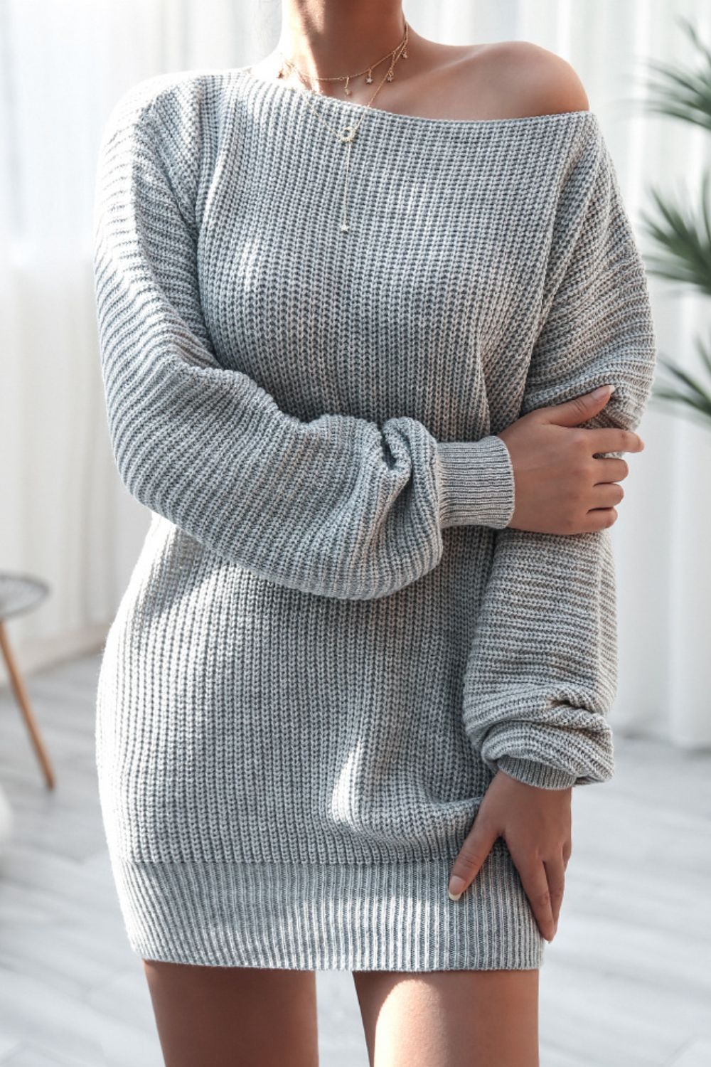 Gray ribbed knit off-the-shoulder mini dress with long sleeves