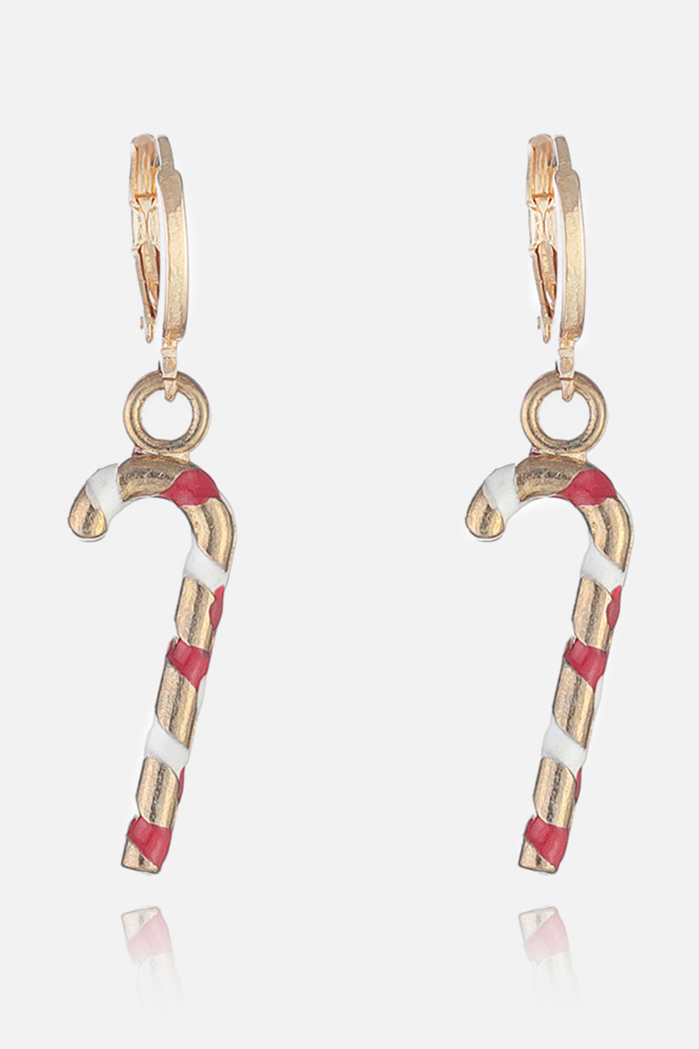 Festive candy cane charm hoop earrings with red and white stripes on gold alloy.