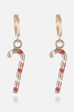 Festive candy cane charm hoop earrings with red and white stripes on gold alloy.