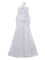 Lace One-shoulder Maxi Dress in White, back view