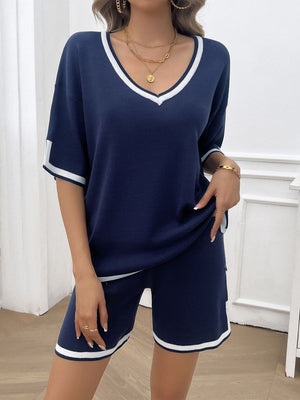Dark Blue knit lounge set with contrast white trim on V-neck, sleeves, and shorts.