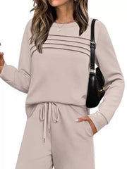 Casual Long Sleeve Crewneck Top & Drawstring Pants Set