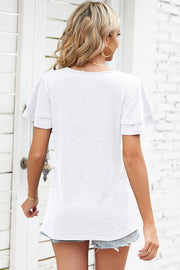 White flutter sleeve henley tee with layered sleeves.