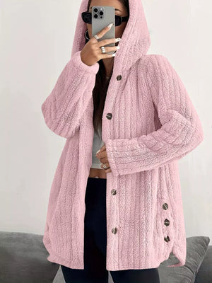 Pink button-up fleece jacket with hood and textured fabric
