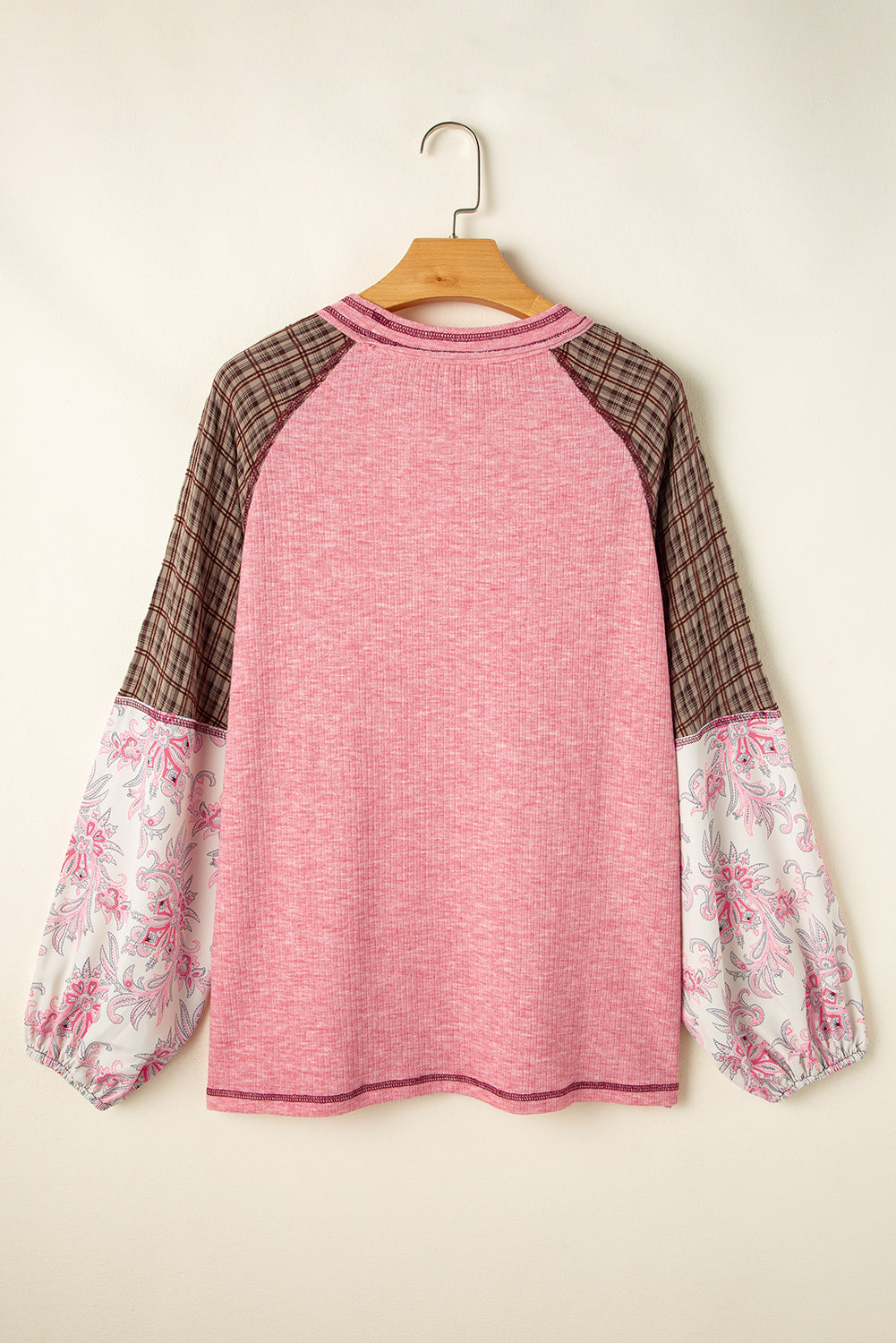 Paisley puff sleeve raglan tee in dusty pink with plaid sleeves and a ribbed knit body.