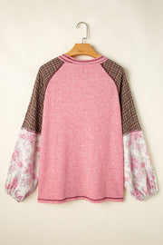 Paisley puff sleeve raglan tee in dusty pink with plaid sleeves and a ribbed knit body.