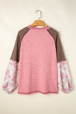 Paisley puff sleeve raglan tee in dusty pink with plaid sleeves and a ribbed knit body.