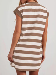 Striped mini dress with cap sleeves and a casual fit, shown in brown and white.