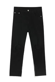 Black distressed knee modern straight leg denim jeans with zip ankles