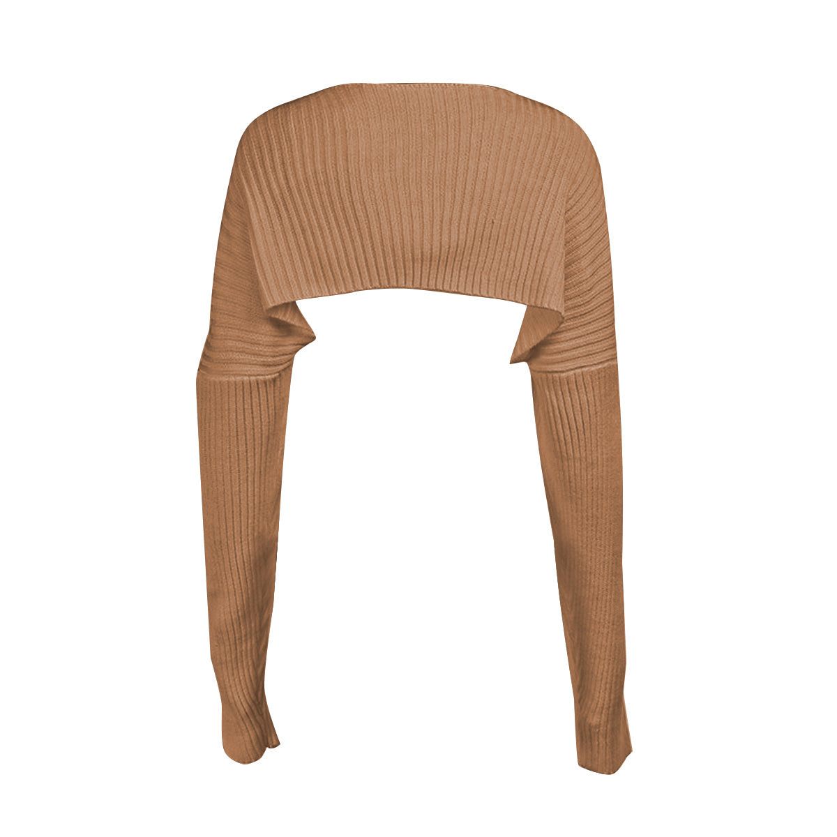 Camel ribbed knit shrug with extended sleeves and a wide neckline