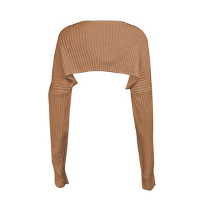 Camel ribbed knit shrug with extended sleeves and a wide neckline