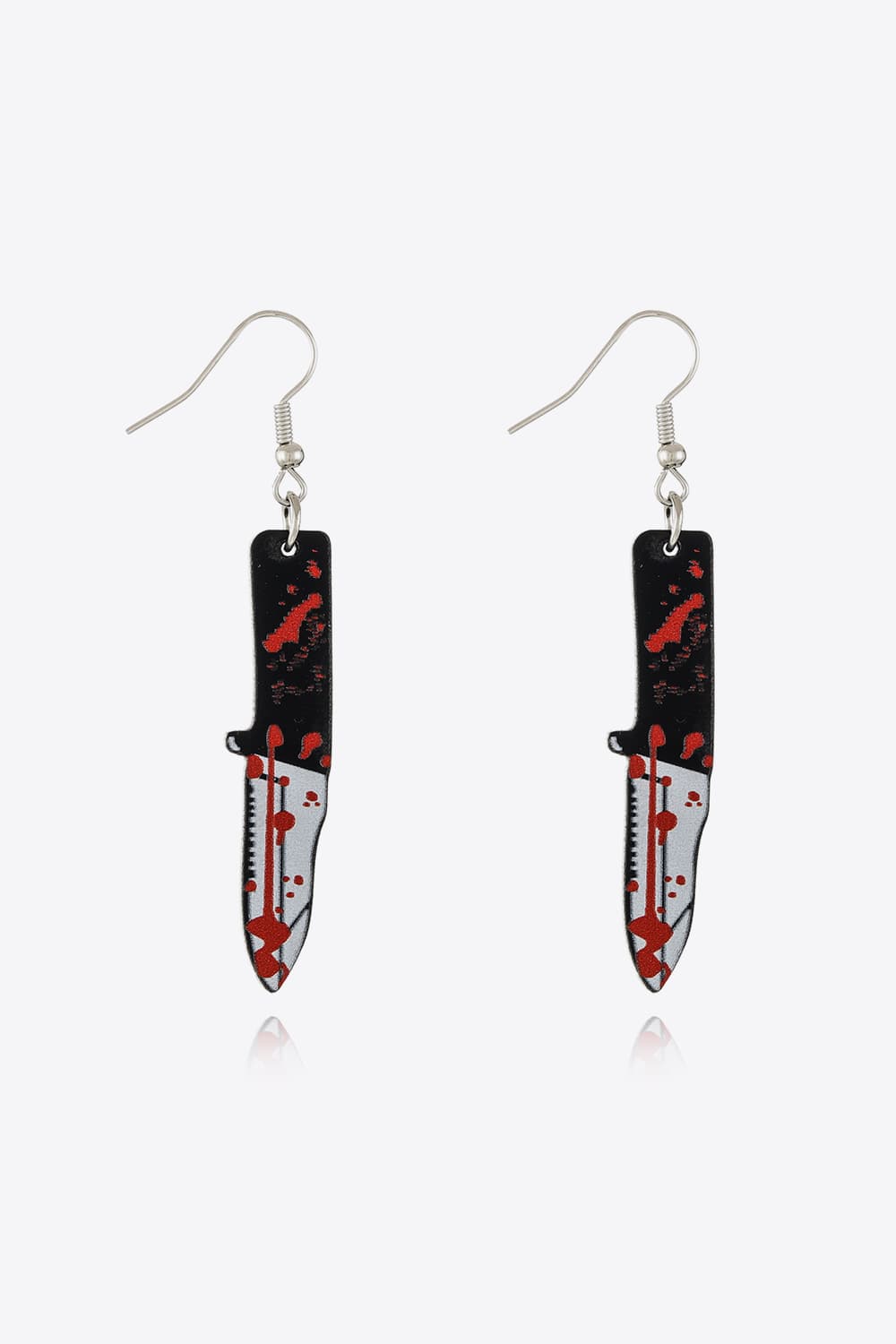 Gory blade drop earrings with red splatter detail on black and silver.