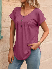 Burgundy relaxed henley t-shirt with button detail and cuffed short sleeves