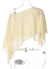 Yellow sheer one-shoulder cropped lace cardigan with a textured knit pattern.