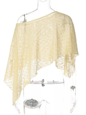 Yellow sheer one-shoulder cropped lace cardigan with a textured knit pattern.