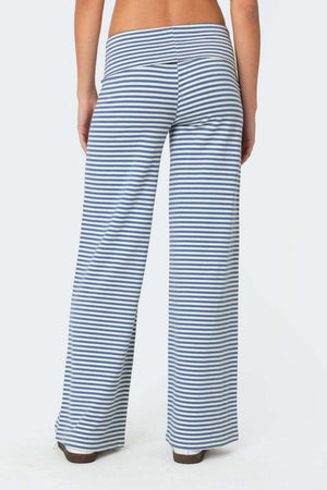 Light blue and white striped palazzo pants with a wide leg and high waist.