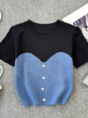 Color block knit t-shirt in black and blue with ribbed detail and button front