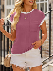 Deep Rose ribbed knit tee with contrast white piping and chest pocket.
