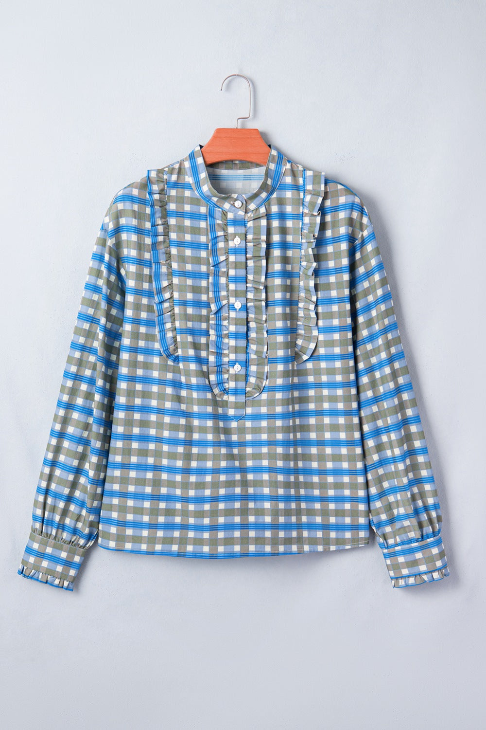 Blue plaid button-down blouse with frilled detail and mandarin collar