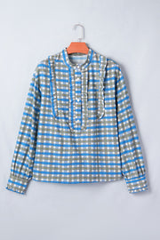 Blue plaid button-down blouse with frilled detail and mandarin collar