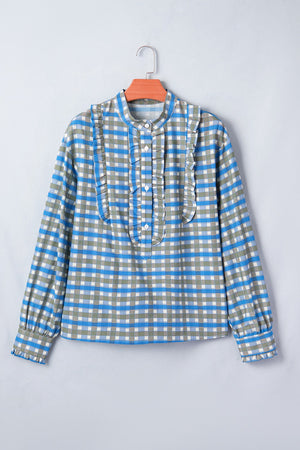 Blue plaid button-down blouse with frilled detail and mandarin collar