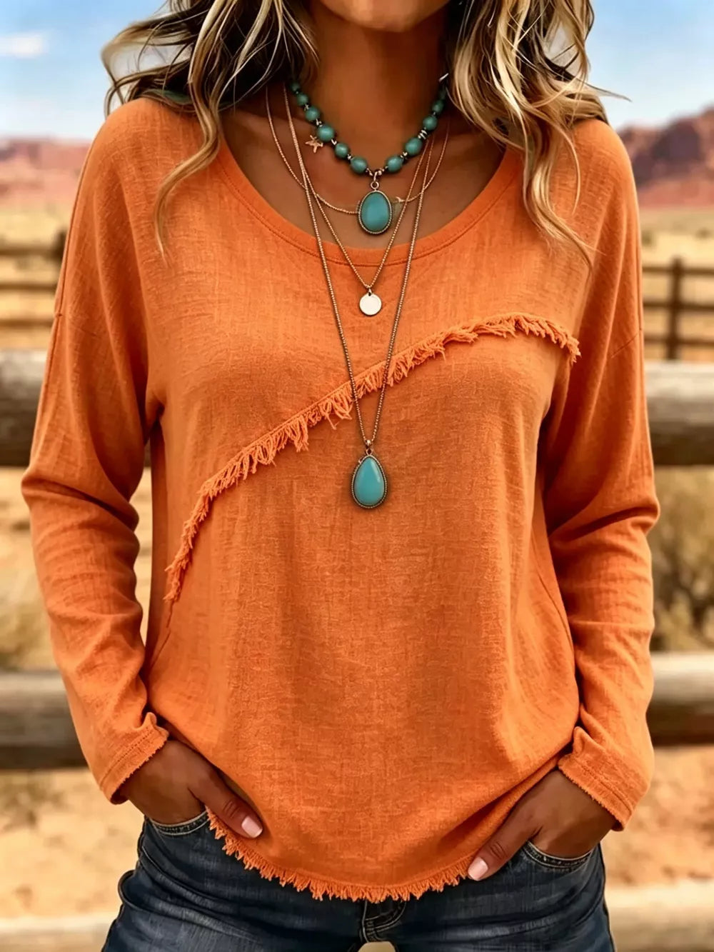 Full Size Fringe Detail Long Sleeve T-shirt Plus Size in Orange, alternate angle