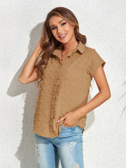 Khaki textured dot poplin shirt with short sleeves and a collared neckline.