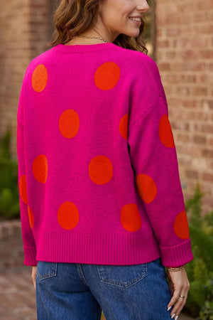 pullover sweater in Deep Rose with polka dot and ribbed