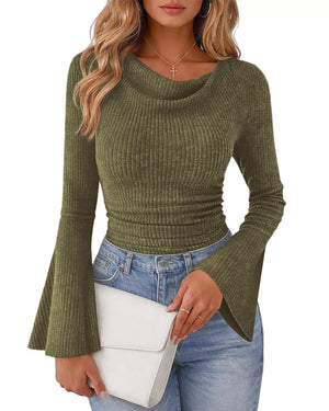 Ribbed Bell Sleeve T-shirt in Moss, view 11