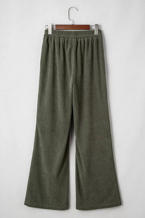 Drawstring Corduroy Wide Leg Pants in Army Green, fabric detail