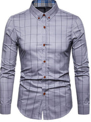 Men's grey plaid button-up shirt with button-down collar and brown buttons.