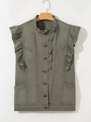 Ruffled denim vest with button closure and ruffled collar, in olive green cotton.