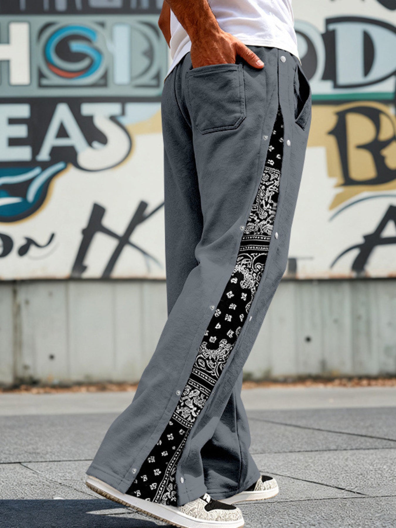 Light Gray sweatpants with side snaps and bandana print detail