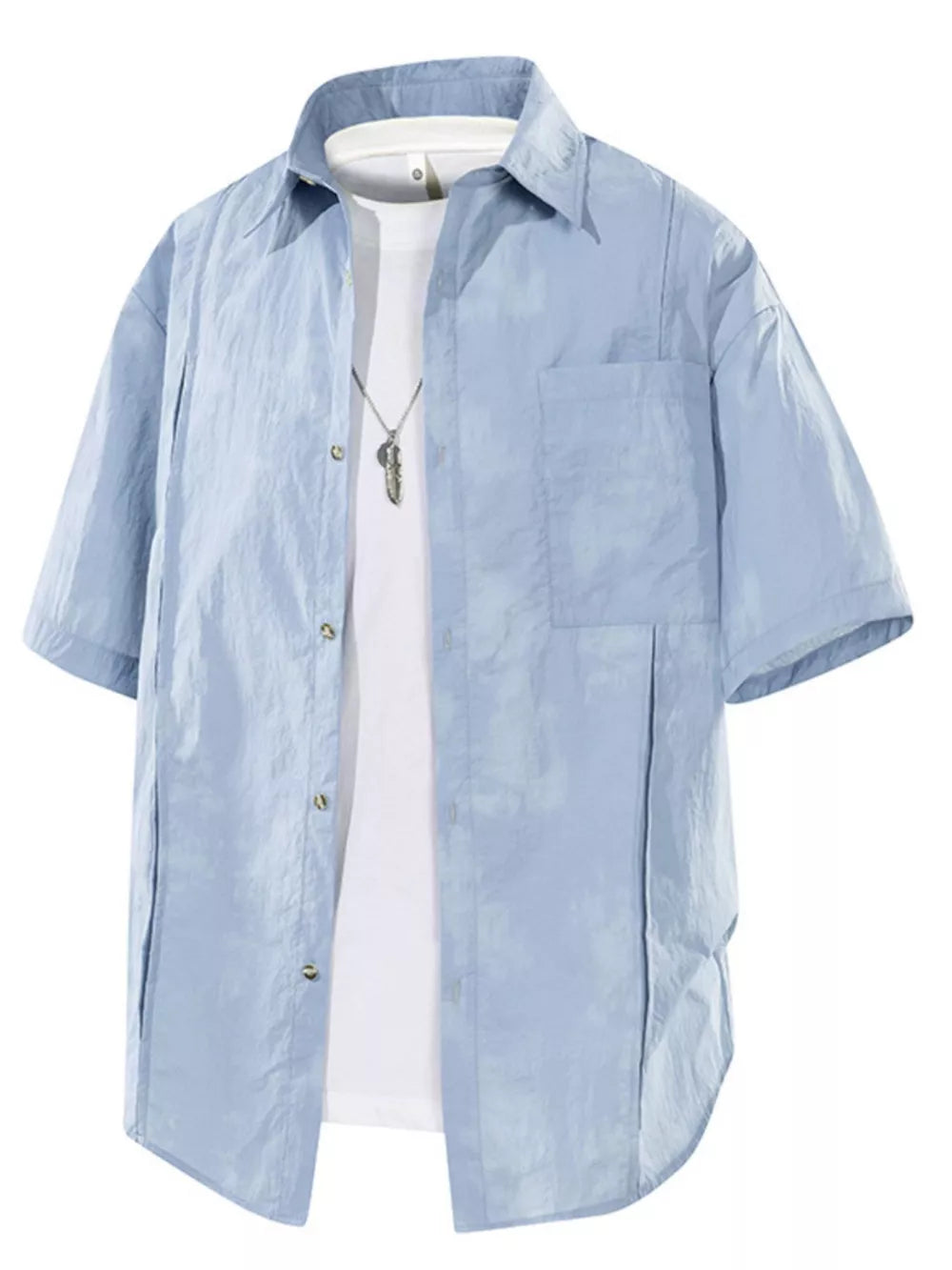 Men's blue short sleeve buttoned shirt with pocket detail over white undershirt.