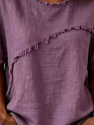 Purple relaxed-fit short sleeve shirt with frayed asymmetrical neckline detail.