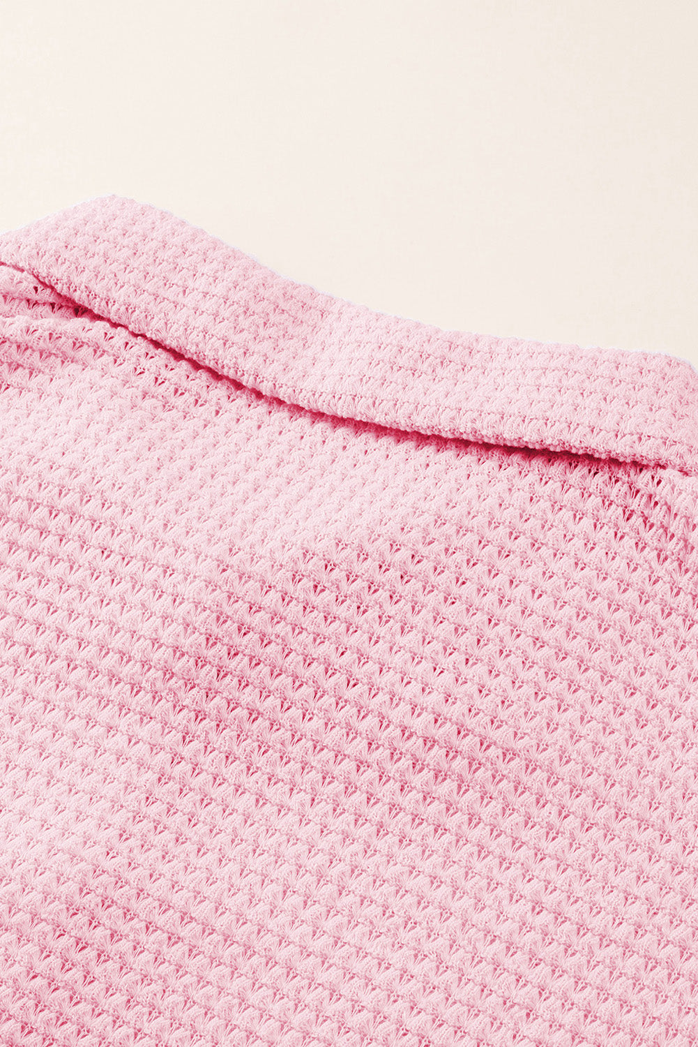 Blush pink waffle knit button-down shirt jacket with collar detail