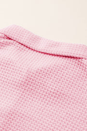 Blush pink waffle knit button-down shirt jacket with collar detail
