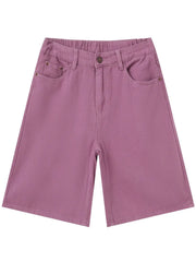 Textured denim bermuda shorts in Moonlit Mauve with elastic waistband and button closure.