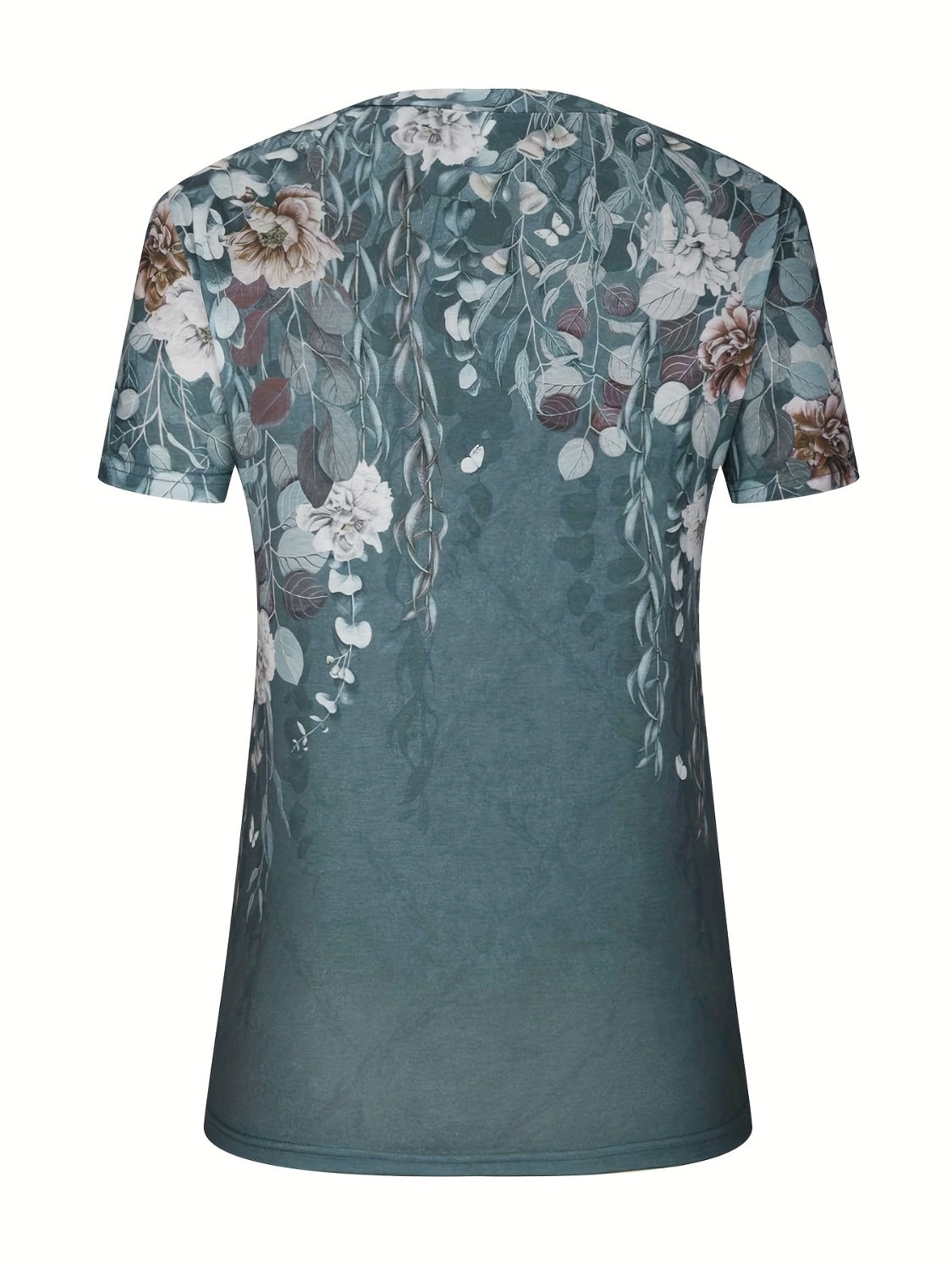 Bohemian tapestry blouse in French Blue with a floral vine print and short sleeves.