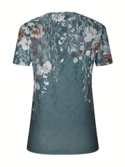 Bohemian tapestry blouse in French Blue with a floral vine print and short sleeves.