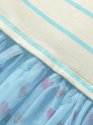 Toddler blue tulle dress with heart print and striped cotton top.