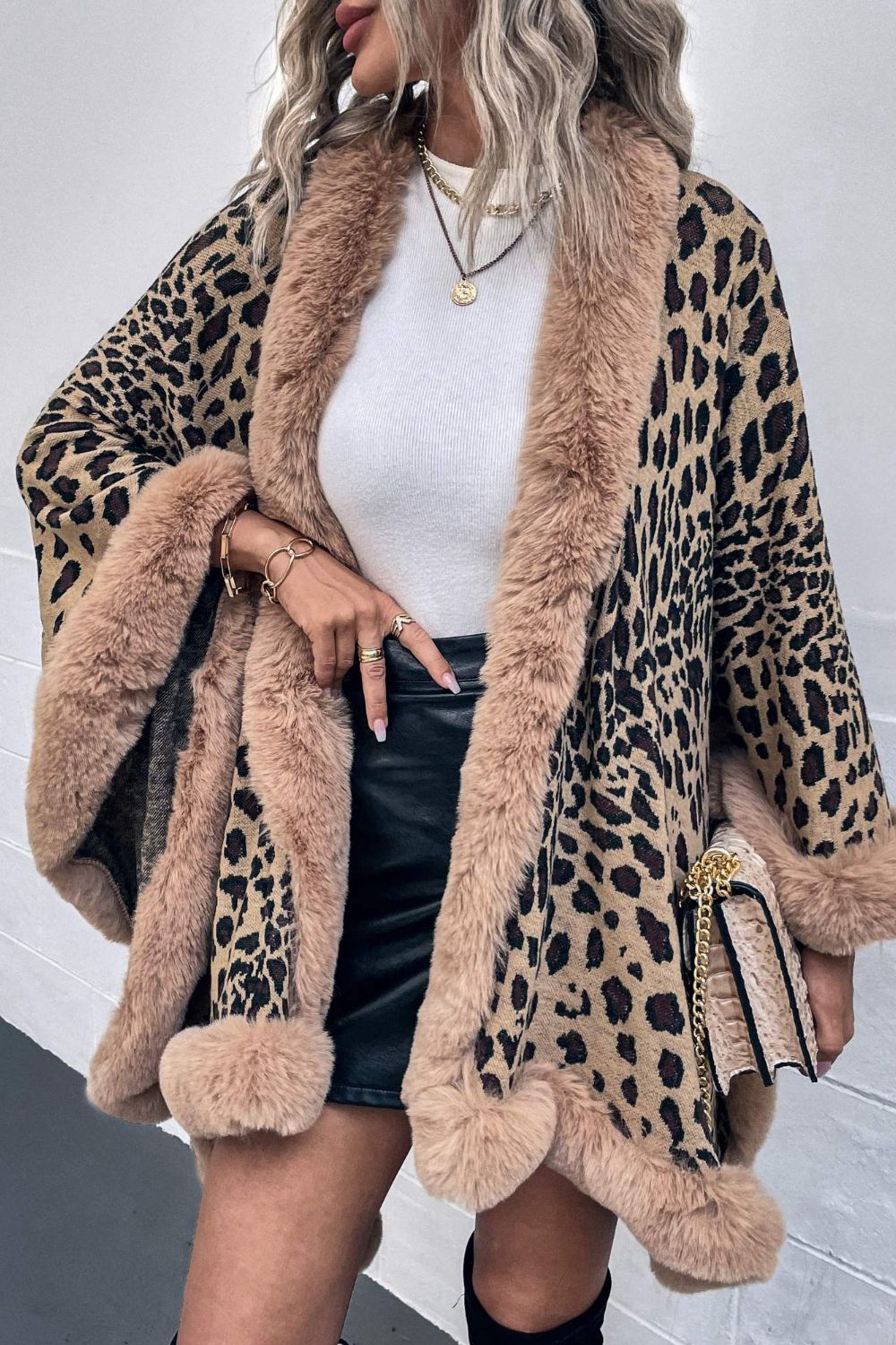Leopard print cape with faux fur trim in beige, acrylic.