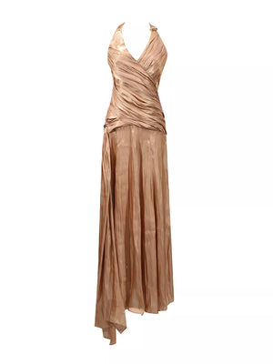 Halter Neck Ruched Maxi Dress in Champagne, side view
